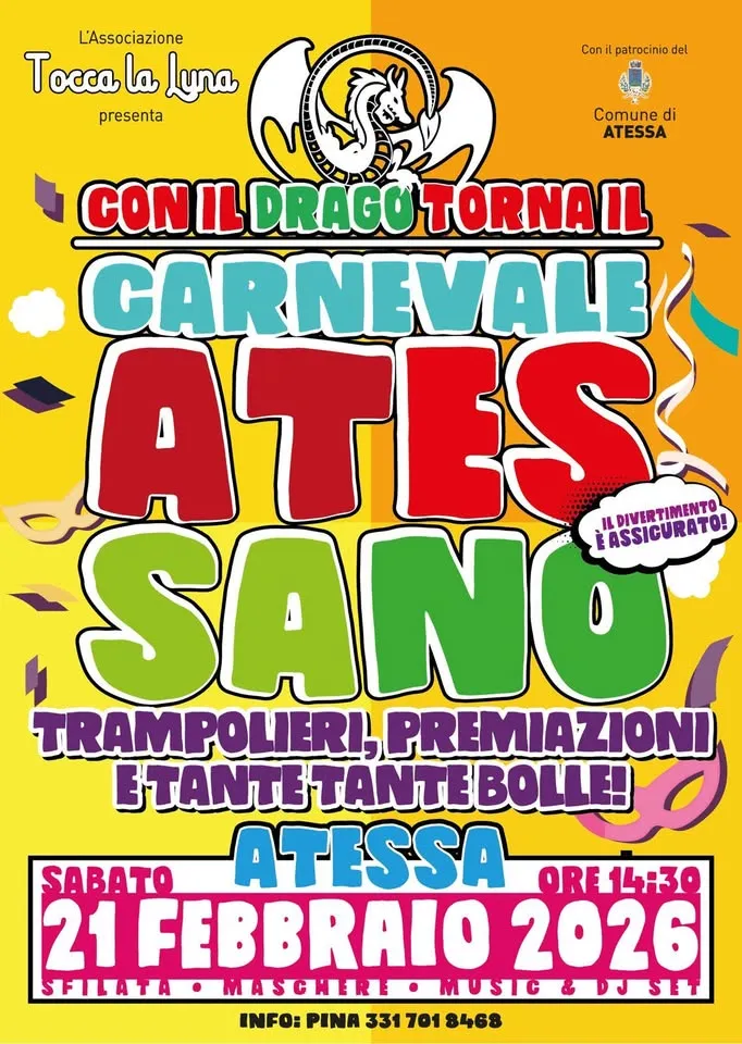 Carnevale Atessano 2026: il ritorno del Drago tra sfilate e spettacoli Carnevale Atessano 2026: il ritorno del Drago tra sfilate e spettacoli