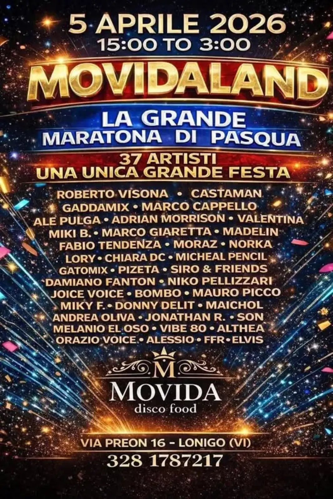 Movidaland 2026: la grande maratona musicale di Pasqua a Lonigo Movidaland 2026: la grande maratona musicale di Pasqua a Lonigo