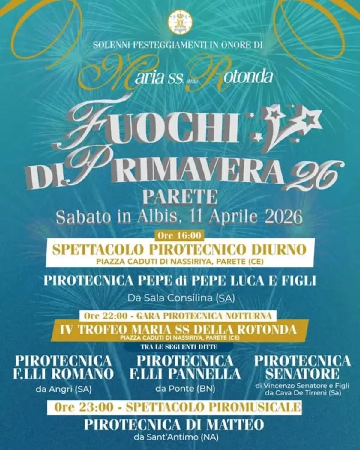Fuochi di Primavera 2026 a Parete: tra fede e spettacolari performance luminose Fuochi di Primavera 2026 a Parete: tra fede e spettacolari performance luminose